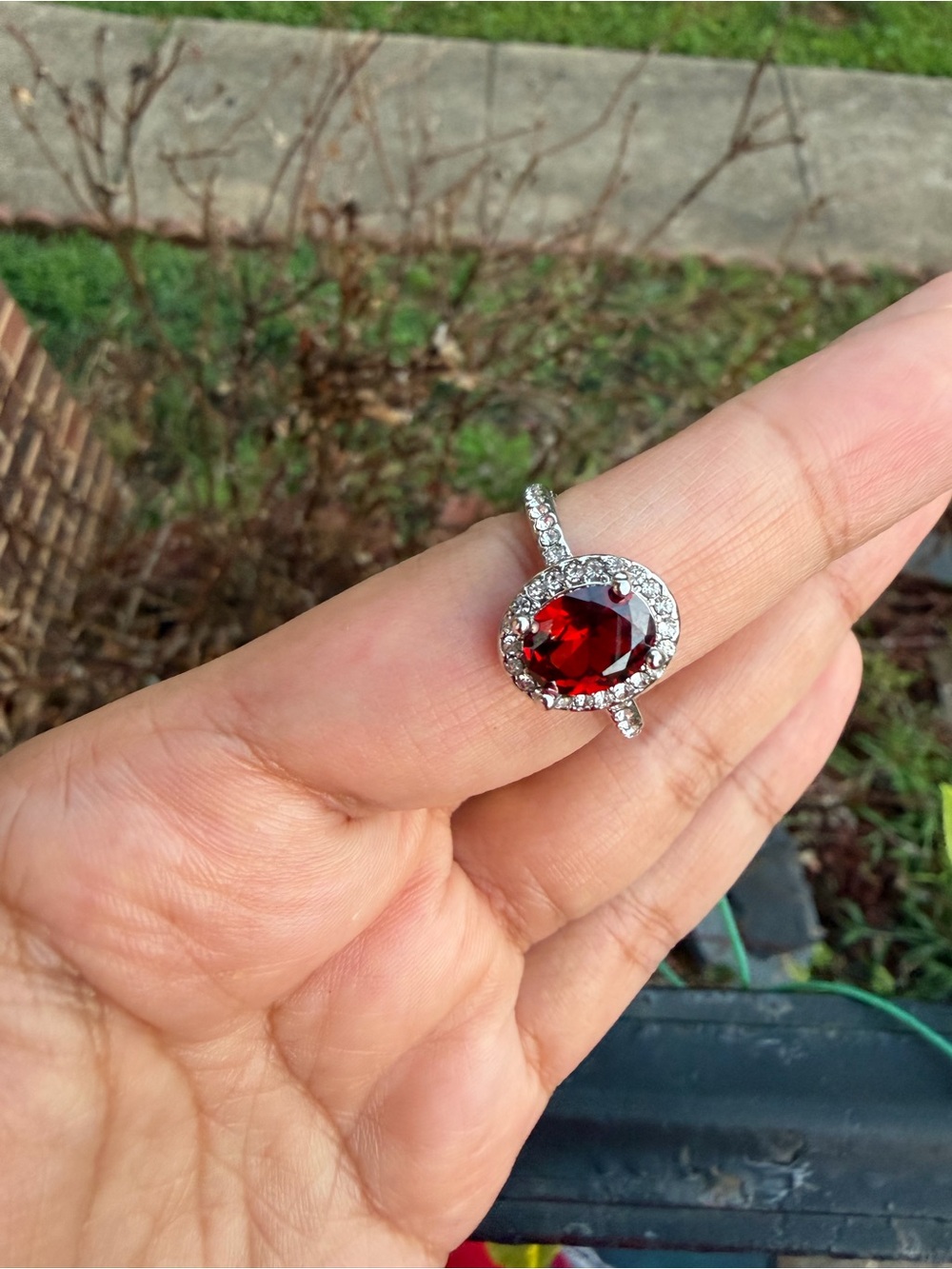 Silver Ring with Deep Red Garnet-Style Center and Crystal Halo